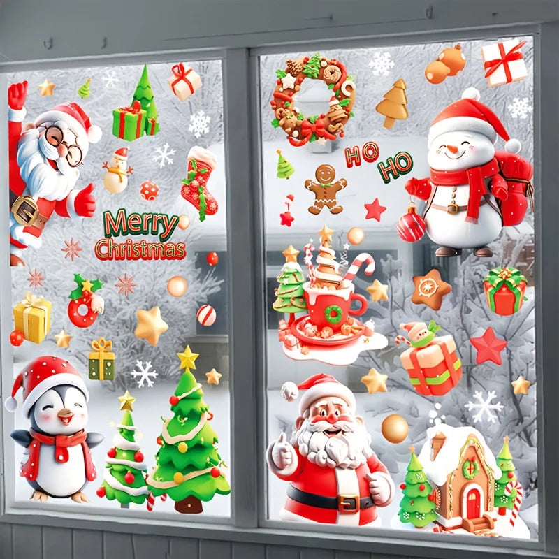 Xmas Cartoon Character Window Stickers, Santa Penguin Snowman Reindeer Christmas Window Clings, Festive Removable Glass Decals