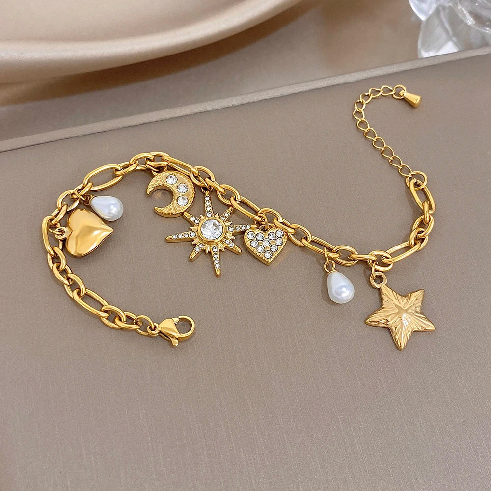 Flashbuy New Trendy Chic Gold Plated Stainless Steel Bracelet Statement Moon Heart Star Charm Sun Pendant Wrist Fashion Jewelry