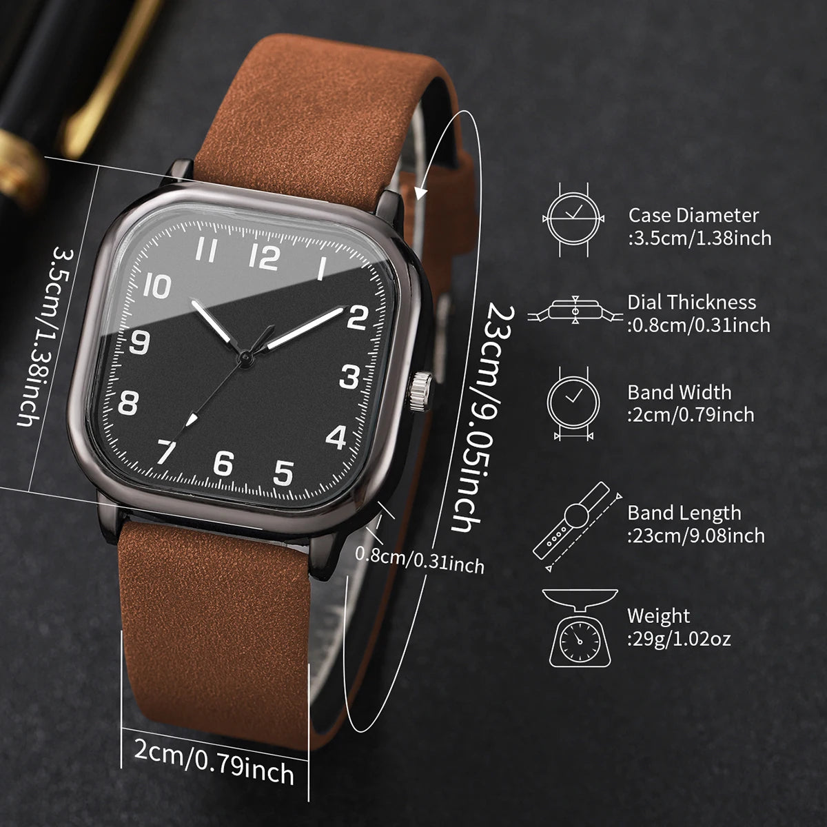Fashion Square Men Watches Brown Leather Strap Black Dial Casual Daily Quartz Wristwatch Relogio Masculino(Without Box)