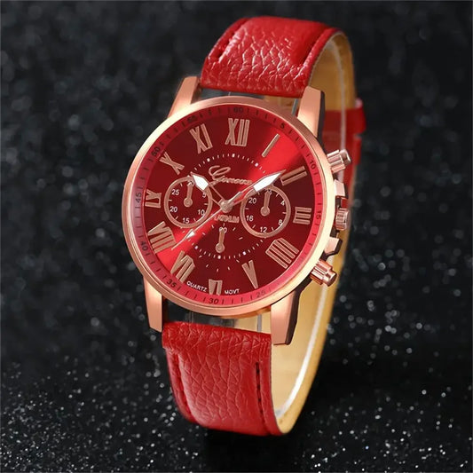 5PCS Women's Watches Fashion Roma Dial Leather Band Quartz Watch(Without Box