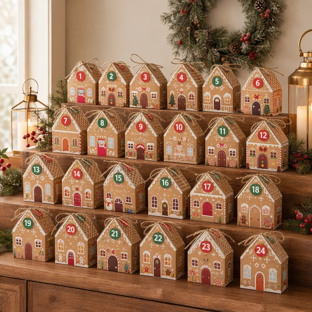 24 Days Christmas Advent Calendar Gingerbread House Boxes, Christmas Countdown Treat Boxes for Holiday Table Display