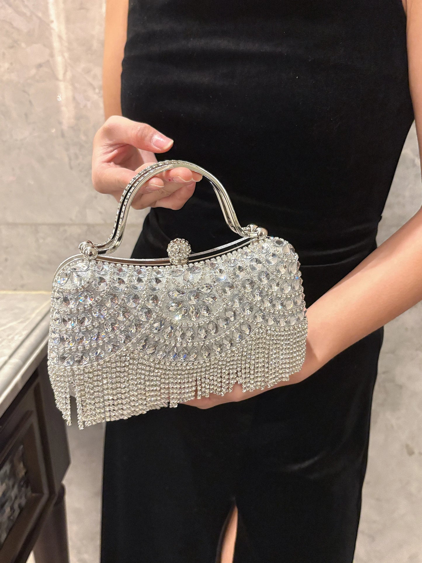 Luxury Women's Diamond Evening Bag Handbag, Water Diamond Evening Dress Bag, Diamond Tassel Wedding Bag