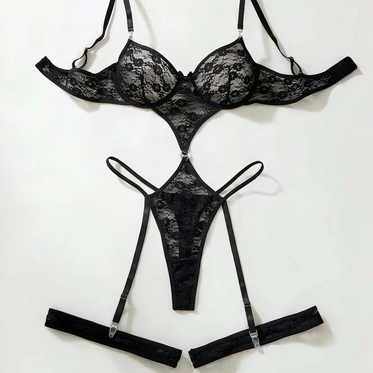 Black Lace Chemise Set with Floral Cup Fine Strap Halter Leg Ring Three-Piece Underwear Ensemble
