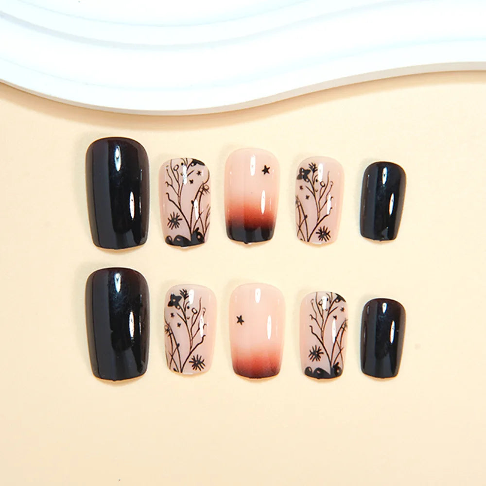 Medium fake nails for women girls gradient nude black flowers strips design Almond square shape full cover press on false nail