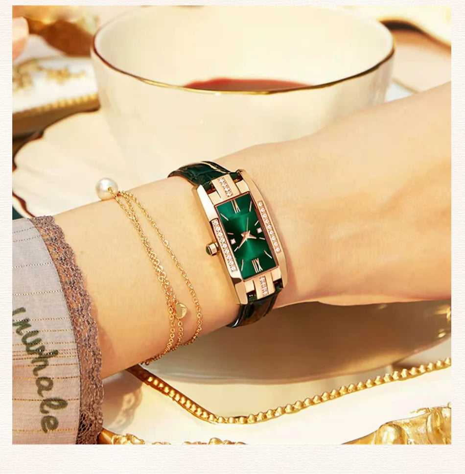 Womens Watches Fashion Square Ladies Quartz Watch Bracelet Set Green Dial Simple Leather Luxury Women Watches