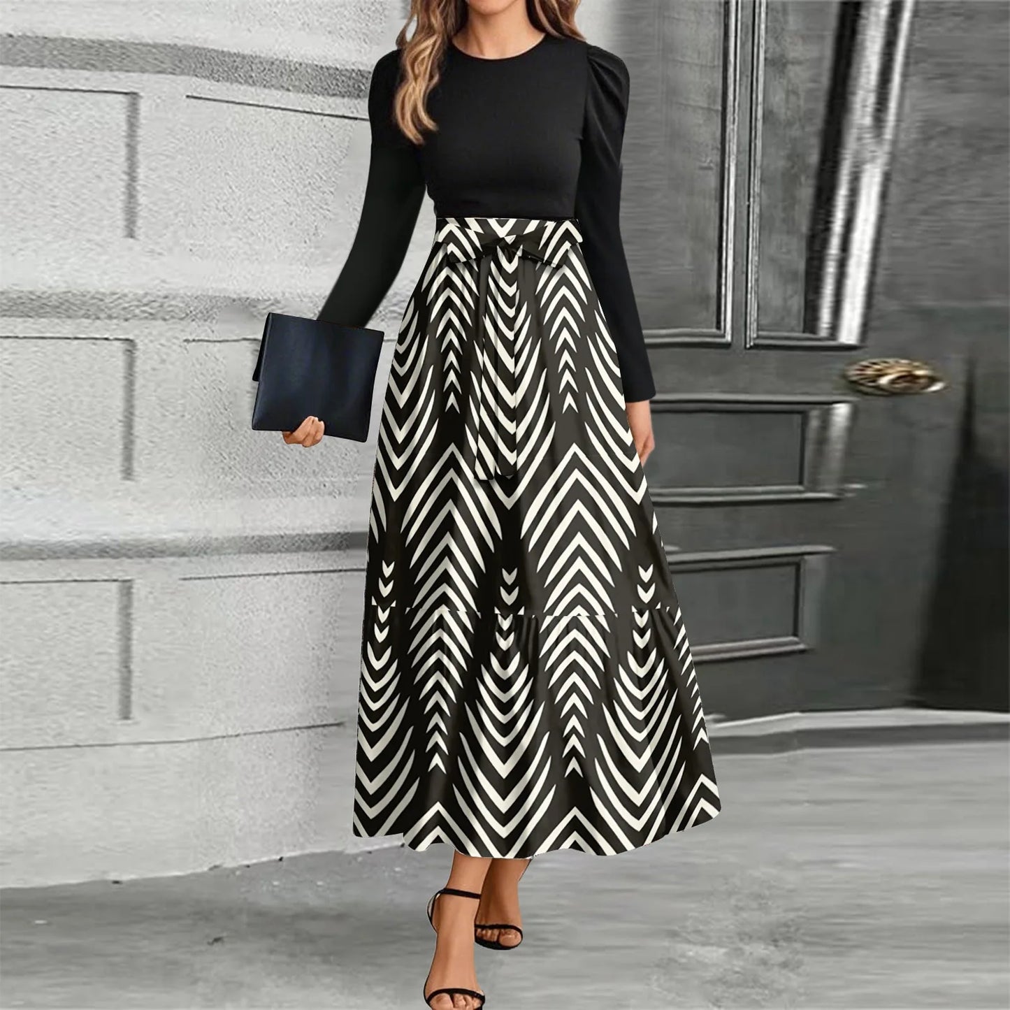 Printed High-Waist Long Sleeve Maxi Dress – O-Neck 2026