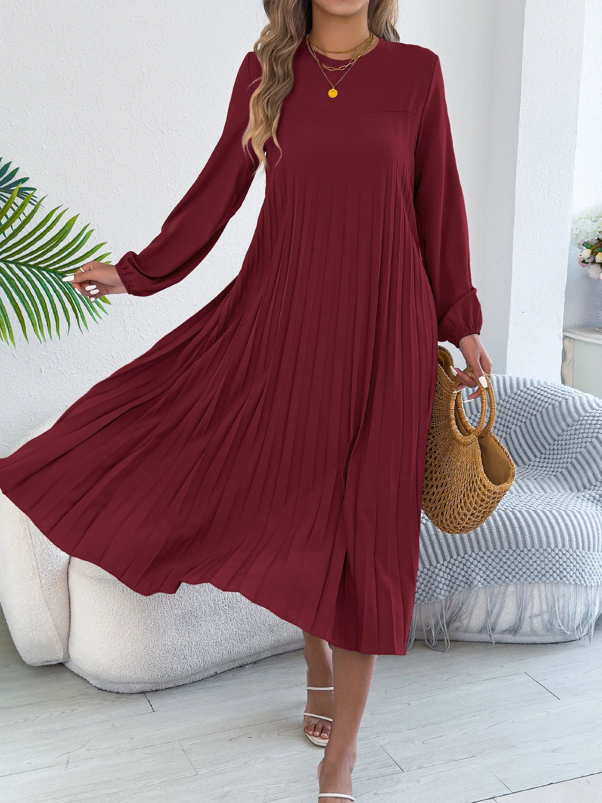 Women Elegant Dress 2026 Retro Solid Color Round Neck Long Sleeve Pleated Dress Without Belt 2026 Autumn Winter Khaki Green Red
