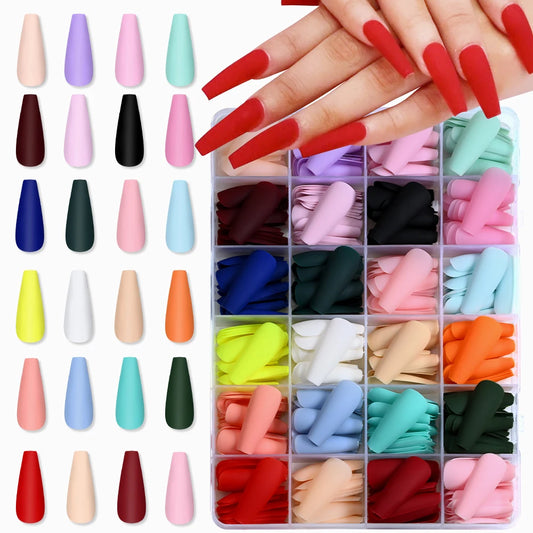576pcs/box Frosted Colorful Long Coffin Fake Nails Acrylic Square Full Cover False Nails for Women DIY Press On Nails Extension