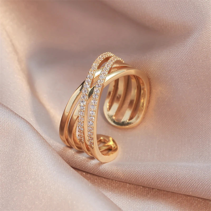 ZAKOL Fashion Double Layers Zircon Rings for Women Gold Color Plated Open Stainless Steel Ring Aesthetic Party Wedding Jewelry