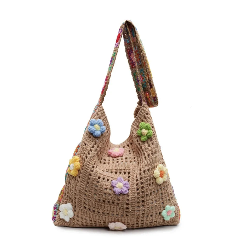 Boho Knitting Shoulder Bag Floral Large Capacity Bohemian Crochet Crossbody Bag Ethnic Style Lazy Style Casual Woven Handbag