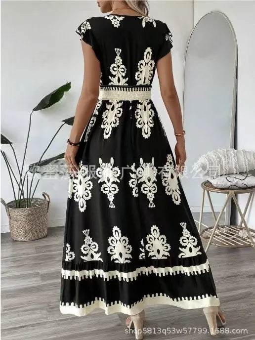 Women's Holiday Wind Beach Print Dress Summer Fashion High Waist Slim Body Casual V Neck Swing Elegant Ladies Office Long Dress