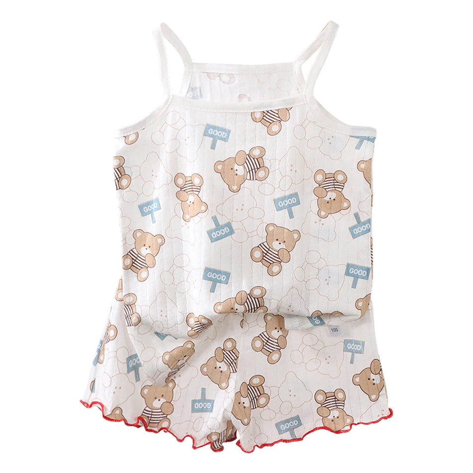 2025 Girl Ruffles Sleepwear Clothing Set Kids Summer Tank Tops Shorts 2 Piece Pajamas