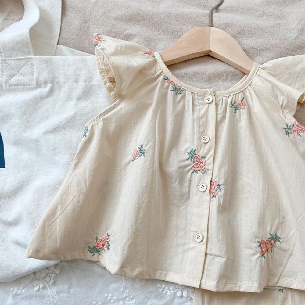Girls' Summer Fashion Set Children's Flower Print Flying Sleeve Top+Shorts Two Piece Cute Little Girl Refreshing Set