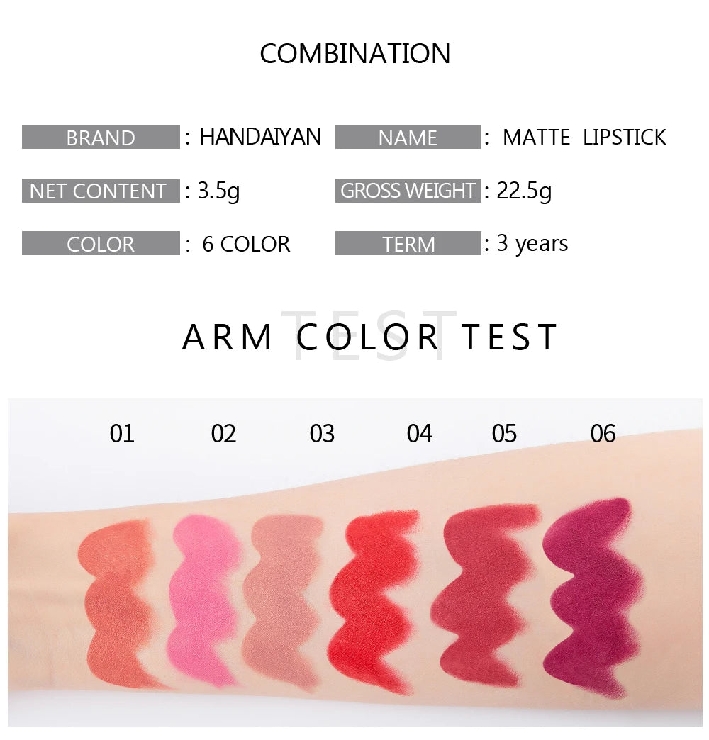 HANDAIYAN Moisturizing Long-Lasting Matte Lipstick 6-Color Non-Stick Cup Show Temperament Sexy Nude Makeup Lipsticks Cosmetics