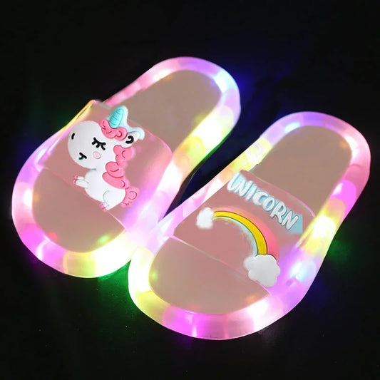 Kids Cartoon Unicorn Light-Up Slippers – Cute Animal Print Bathroom Shoes | شباشب أطفال برسومات يونيكورن وحيوانات – تضيء عند المشي، تصميم لطيف للحمام