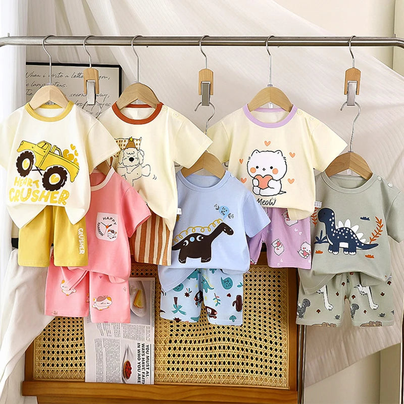 Kids Summer Clothes Set Cartoon Baby Tops Shorts Set 2Pcs Cotton Children Loungewear Suit Kids Girls Boys Sport Outfit Suit