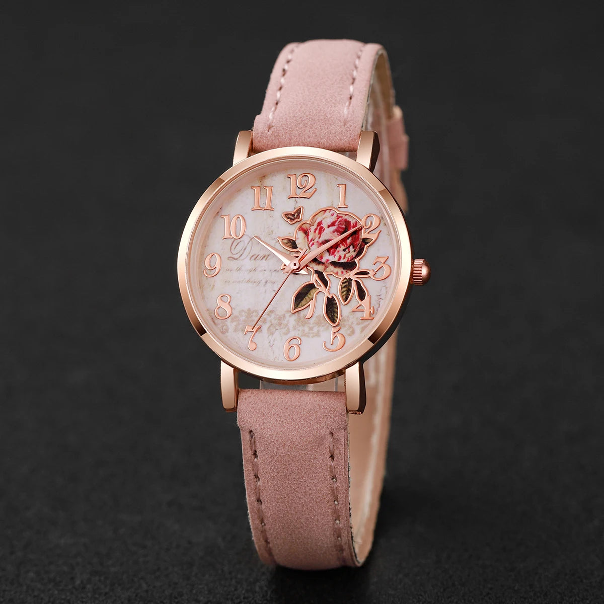 6pcs/set Women Fashion PU Leather Band Rose Dial Quartz Watch with Pink Bracelet Set (Box not included)