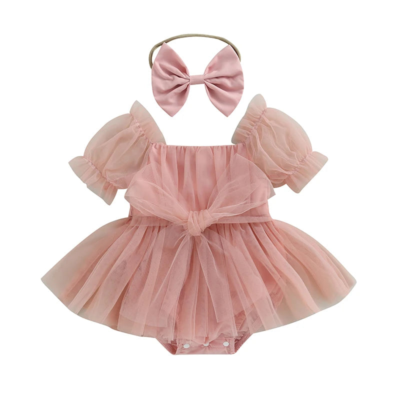 0-24M Infant Baby Girl Romper Dress Solid Color Short Sleeve Front
