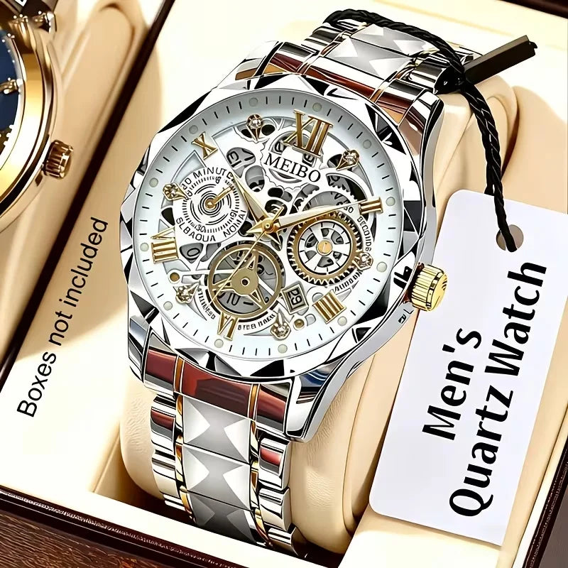 Fashion Skeleton Dial Men Business Watches Luxury Stainless Steel Calendar Quartz Wristwatch Relogio Masculino (Without Box)
