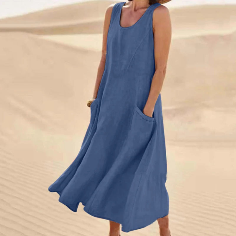 Women Casual Sleeveless A Line Dress with Pockets Vintage Hrajuku Loose Midi Length Maxi Dress Summer O Neck Cotton Linen Dress