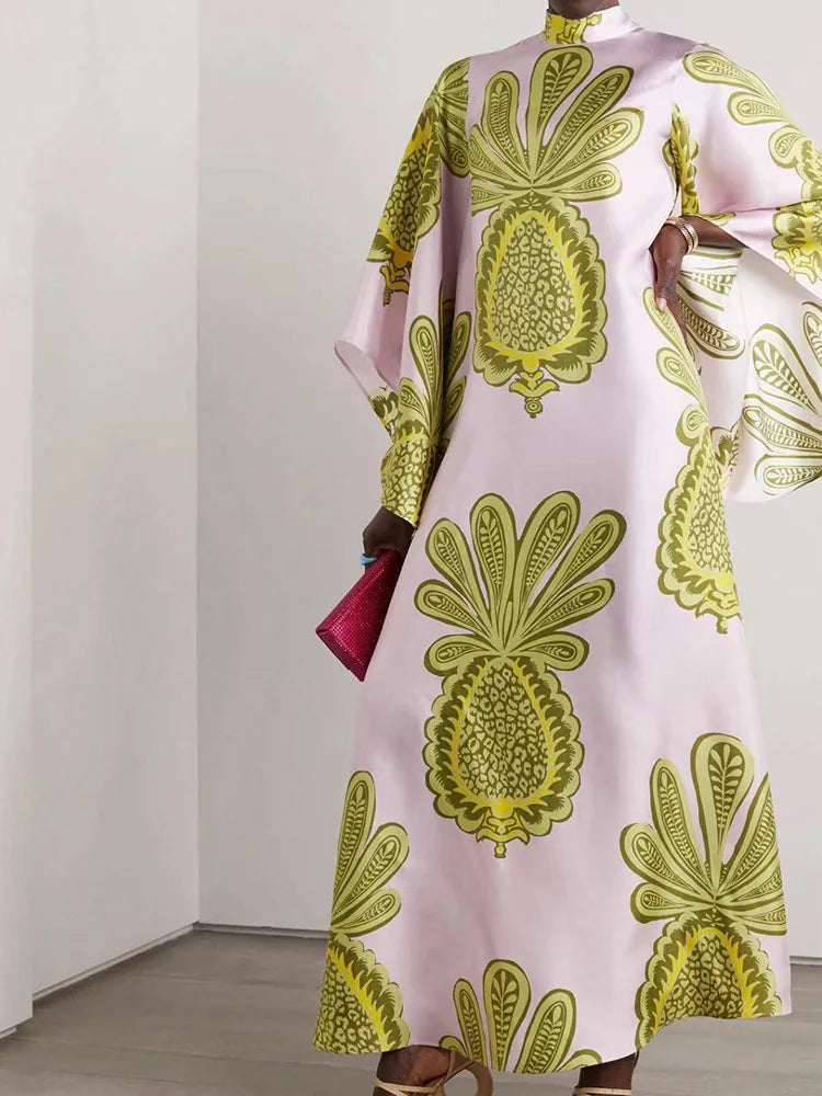 Elegant Stand Collar Printed Dress – High Waist Long Sleeve Casual Party Wear | فستان نسائي أنيق بطبعة وياقة عالية – خصر مرتفع وأكمام طويلة لإطلالة كاجوال أو حفلات