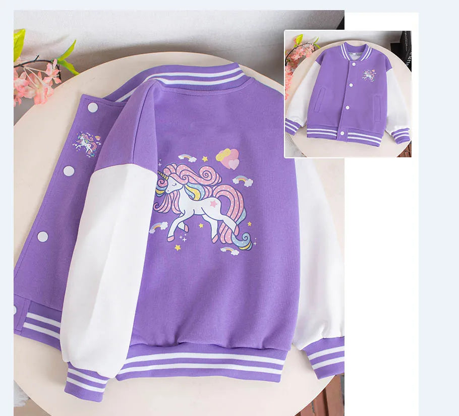 3-12 Years Girls Baseball Coat Spring Autumn Cute Cartoon Unicorn Outerwear Fashion Teenage Girl Sport Jacket Kids Clothes