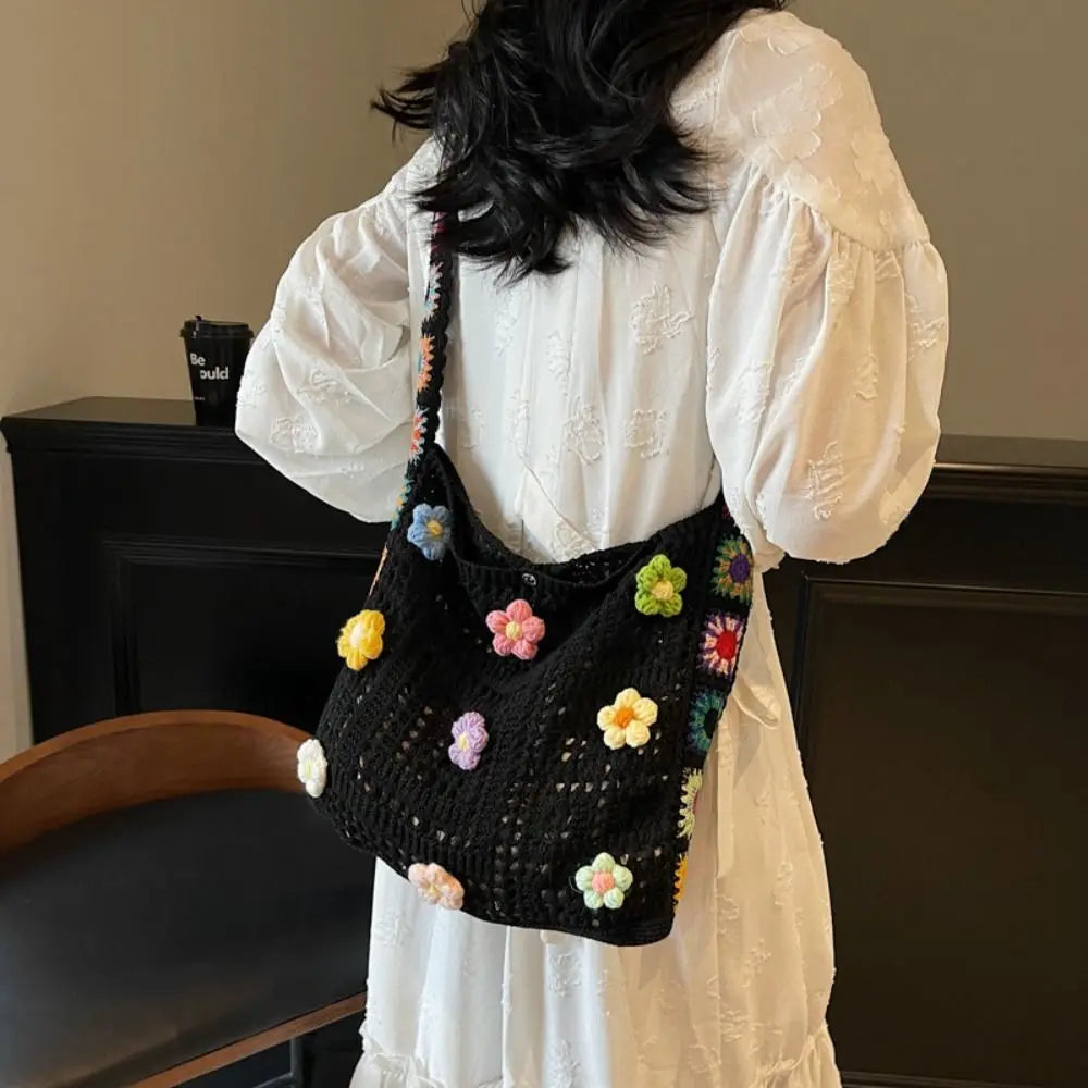 Boho Knitting Shoulder Bag Floral Large Capacity Bohemian Crochet Crossbody Bag Ethnic Style Lazy Style Casual Woven Handbag