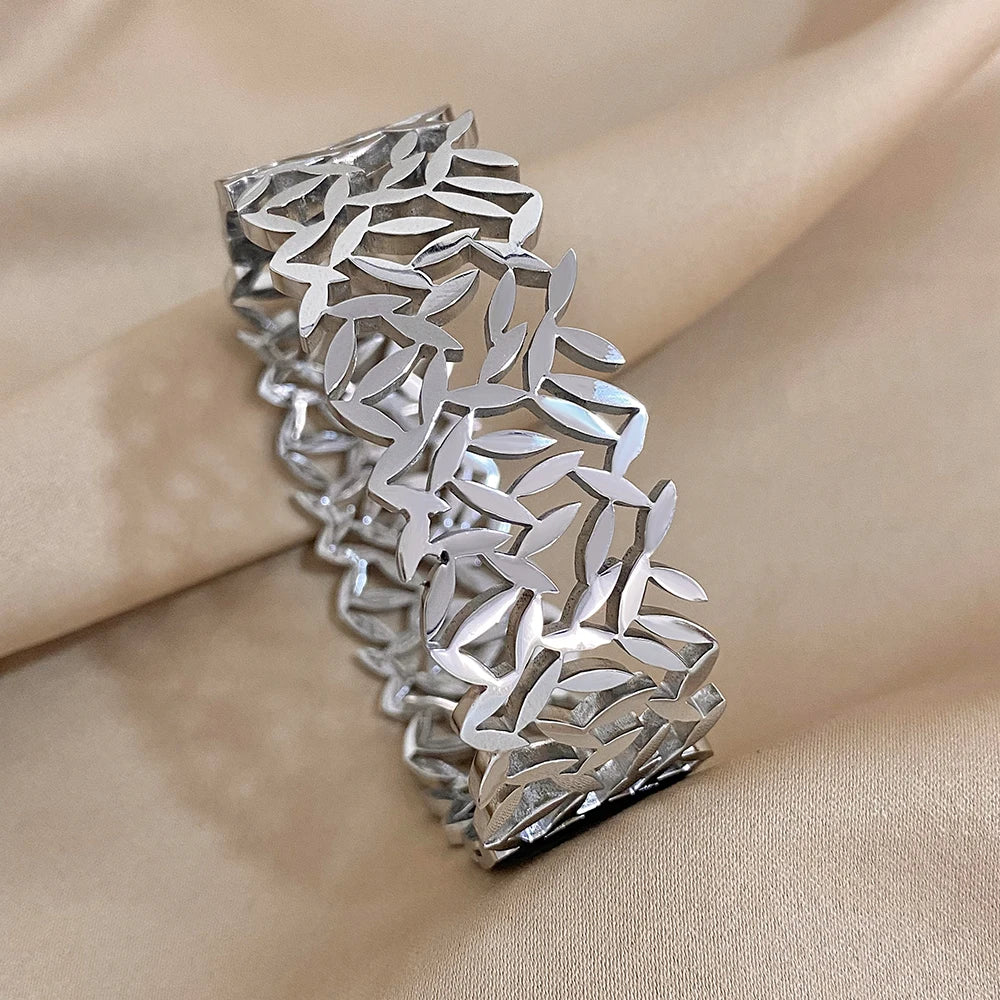 Flashbuy Chunky Gold Color Charm Leaf Wide Stainless Steel Bangles Bracelets for Women Men New Design Wrist Waterproof Jewelry