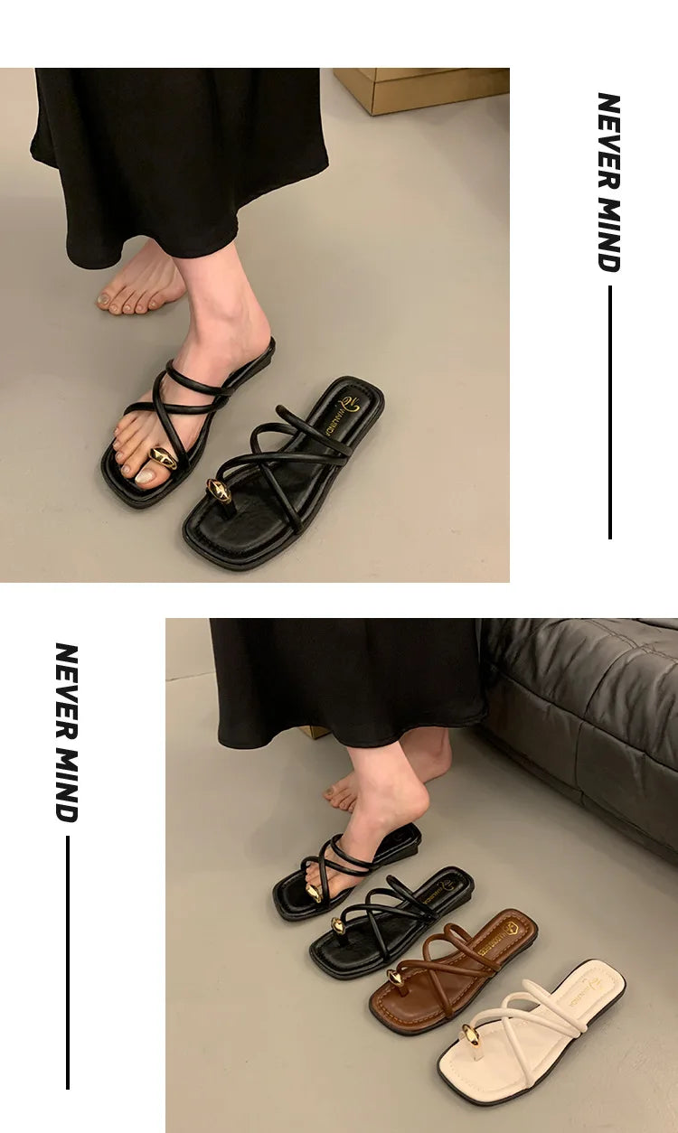 Women Summer Slippers Ladies Sandals Metal Decor Thong Flip Flop Low Heel Shoes Woman Outdoor Retro Brown Sandals Female