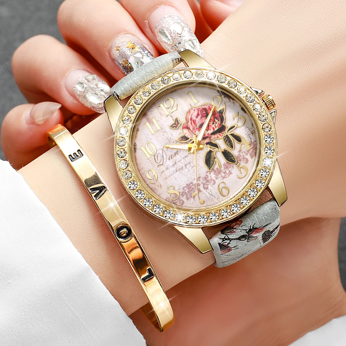 2/3/4/5PCS Fashion Rhinestone Women's Watch Flowers Printed Leather Band Female Quartz Watches Bracelets Set(Without Box)