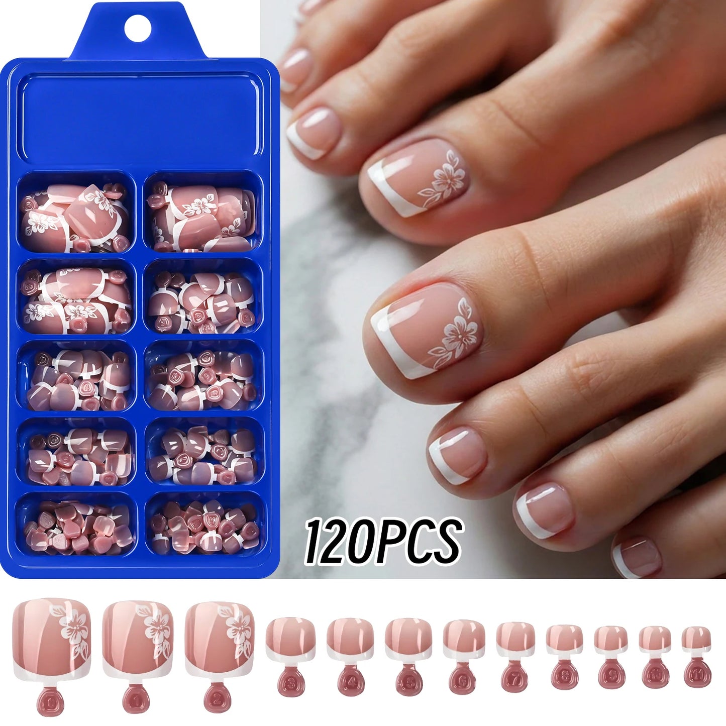 120Pcs Bronzing White Butterfly Design Fake Toenail Short Square Full Cover French False Toe Nails Summer Press On Toenails