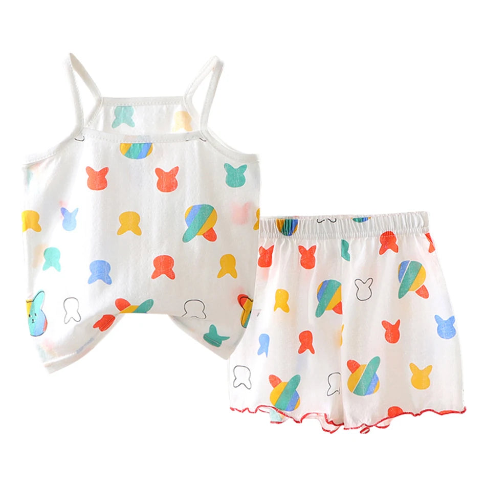 2025 Girl Ruffles Sleepwear Clothing Set Kids Summer Tank Tops Shorts 2 Piece Pajamas
