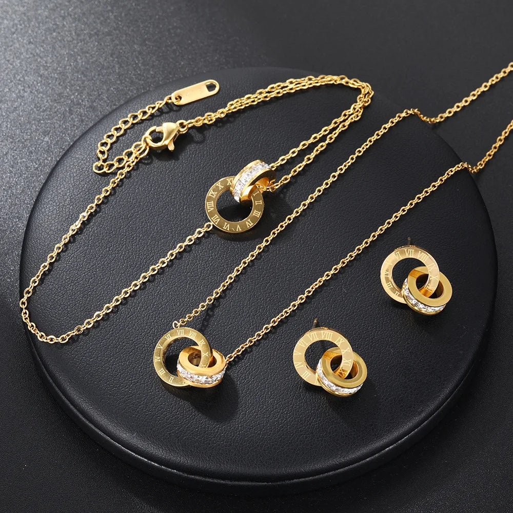 ZAKOL Women's Classic Roman Numerals Earring Necklace Bracelet Set for Women Girls Versatile Simple Daily Jewelry Sets