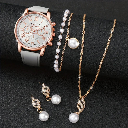 5pcs/set Women's Watch Casual Round Pointer Quartz Watch PU Leather Wrist Watch & Faux Pearl Jewelry Set, Gift For Mom Her