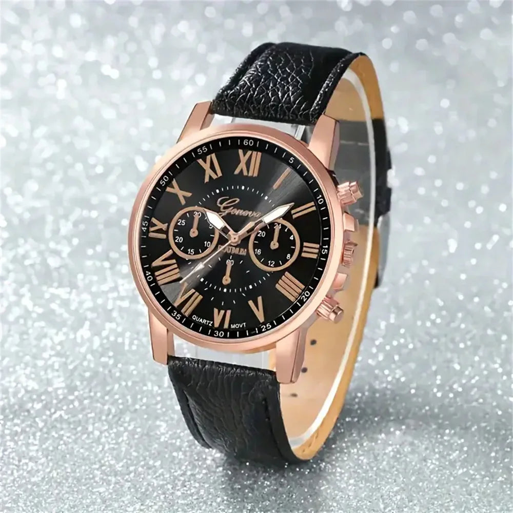 5PCS Women's Watches Fashion Roma Dial Leather Band Quartz Watch(Without Box