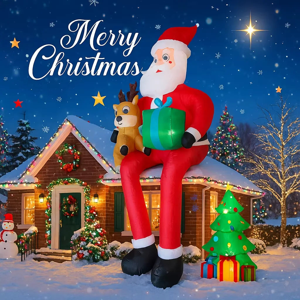 9.5FT Inflatable Santa Claus Sitting on Roof,Blow Up Santa Holding Reindeer Gift Box,Outdoor Yard Christmas Holiday Decorations