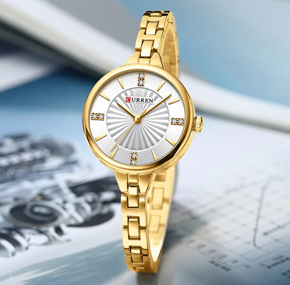 CURREN Luxurious and Elegant Round Dial with Stainless Steel Bracelet Fashion Dress Quartz Watches for Women