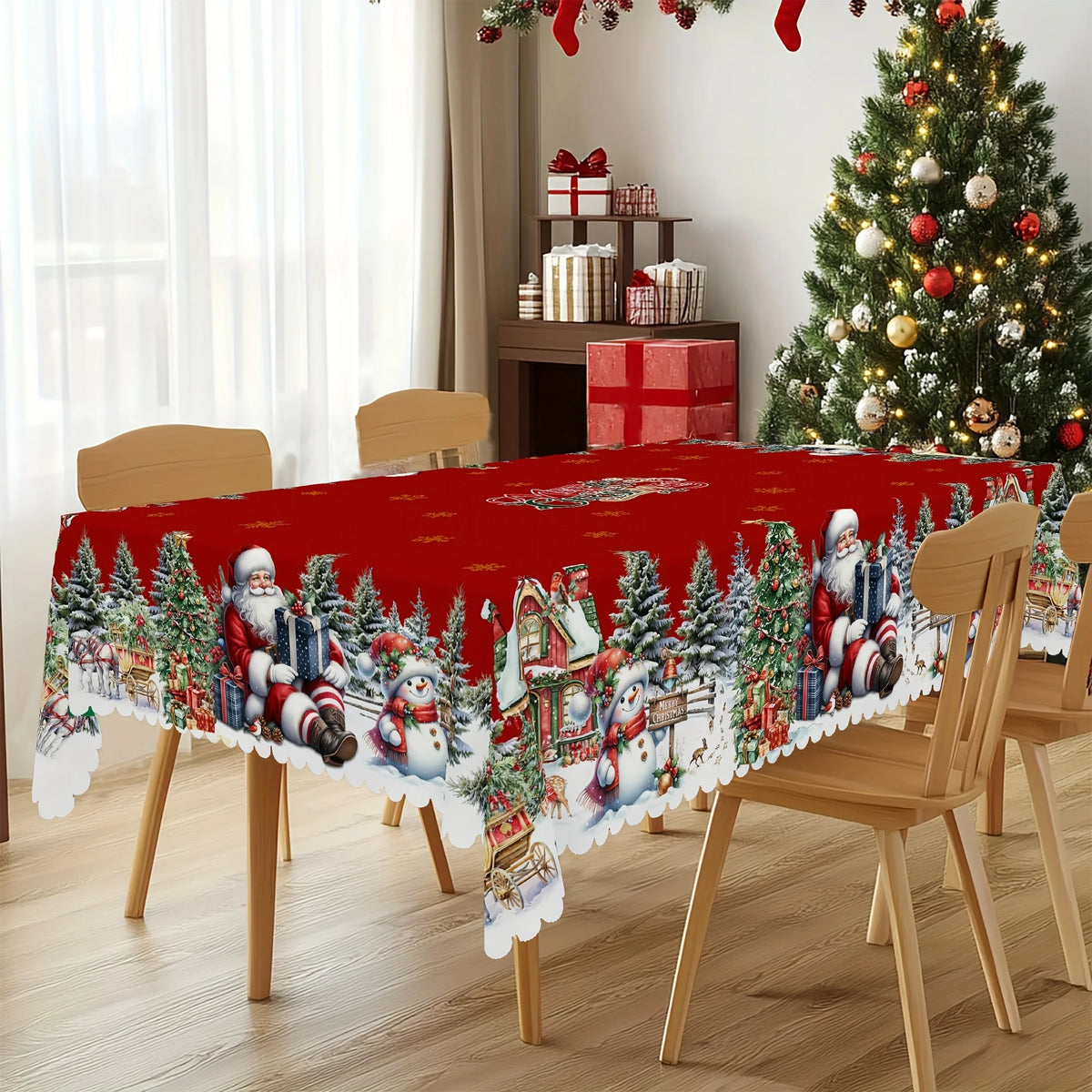 1pc Festive Santa, Snowman & Christmas Tree Tablecloth for Holiday Parties, Picnics, Cafes & Home Decor, Holiday Table Setting