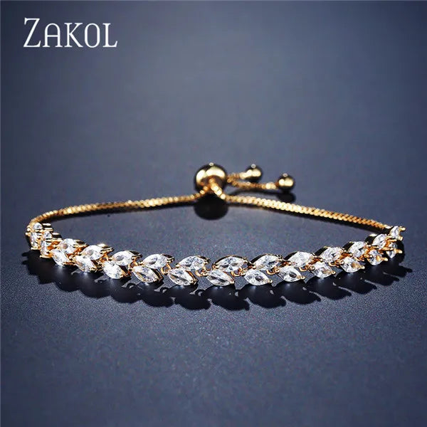 ZAKOL Trendy Cubic Zirconia Leaf Bridal Bracelets Bangle for Women White Color Crystal Adjustable Bracelet Wedding Jewelry