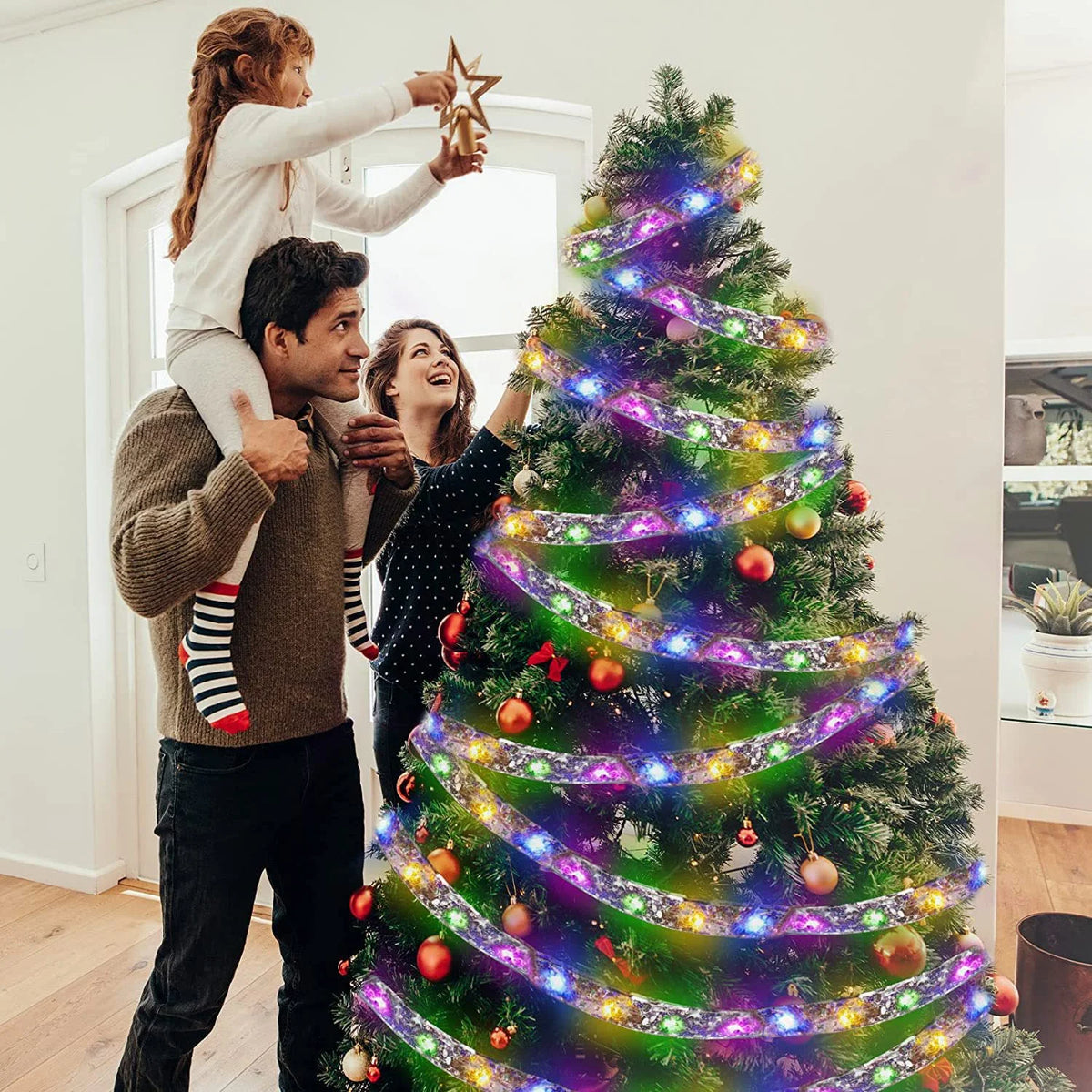 1pc Christmas Gilding Double Ribbon Christmas Ribbon LED String Lights Christmas Decorations Party Decorations Christmas Pendant