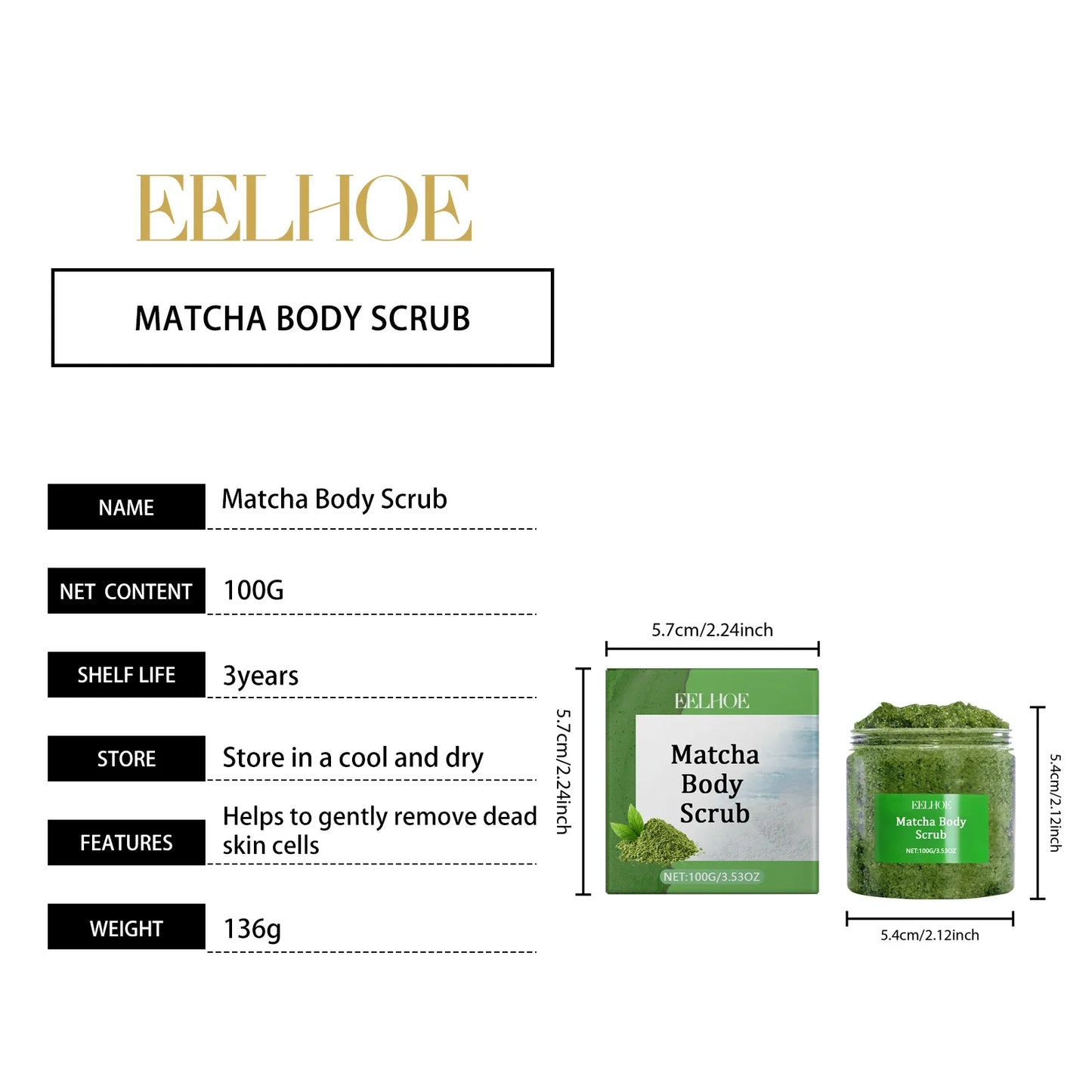 EELHOE Green Tea Body Scrub Dead Skin Remover Body Cleaning Deep Hydration Smooth Skin Care Sea Salt Exfoliating Body Scrub 100g