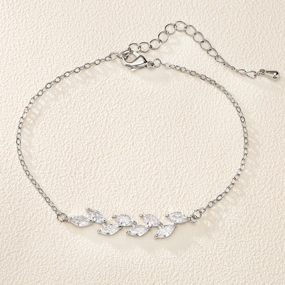 ZAKOL Exquisite Leaf Cubic Zirconia Charm Chain & Link Bracelets for Women Girls Three Colors Bridal Wedding Jewelry