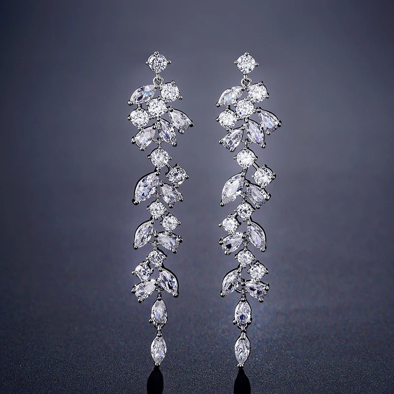 ZAKOL Fashion Cubic Zirconia Leaf Long Dangle Earrings for Elegant Women White Leaves Drop Earring Bridal Wedding Jewelry