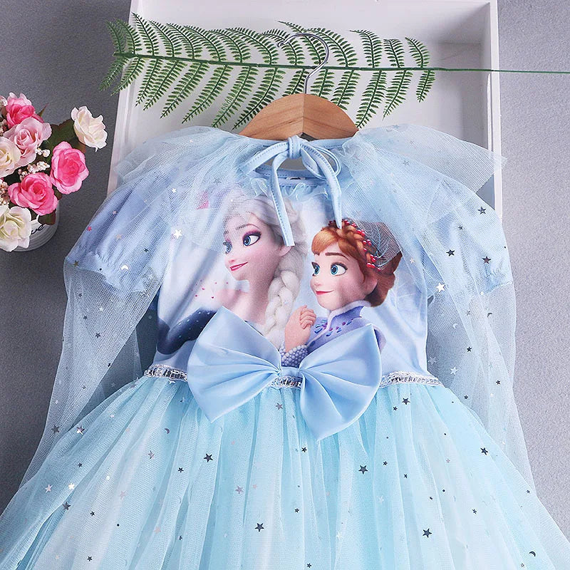 Disney Elsa Princess Dress with Cape Girls Dress Summer Kids Short Sleeve for Children's 2-8Y