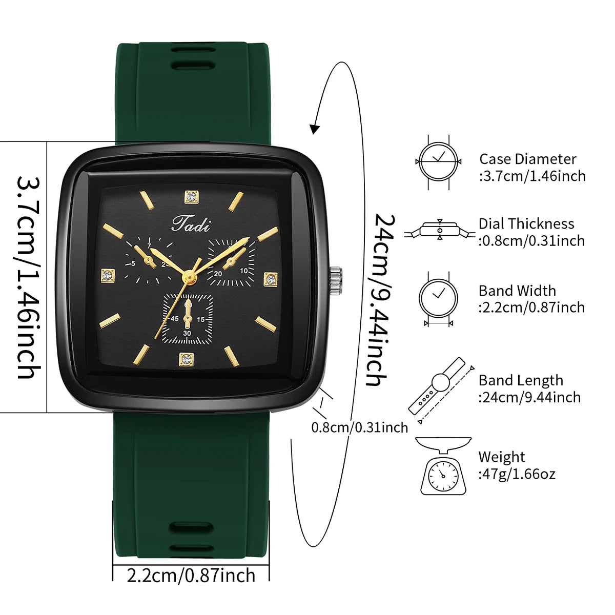 Fashion Square Women Quartz Watch Green Silicone Band Rhinestone Ladies Dress Wristwatches Clock Relogio Feminino (Without Box)