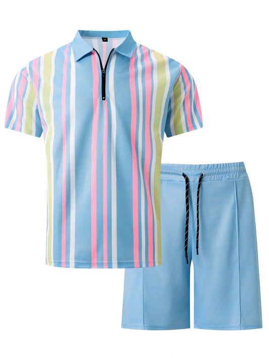 2025 summer new men's striped daily casual short-sleeved shorts two-piece sports casual men's suit
