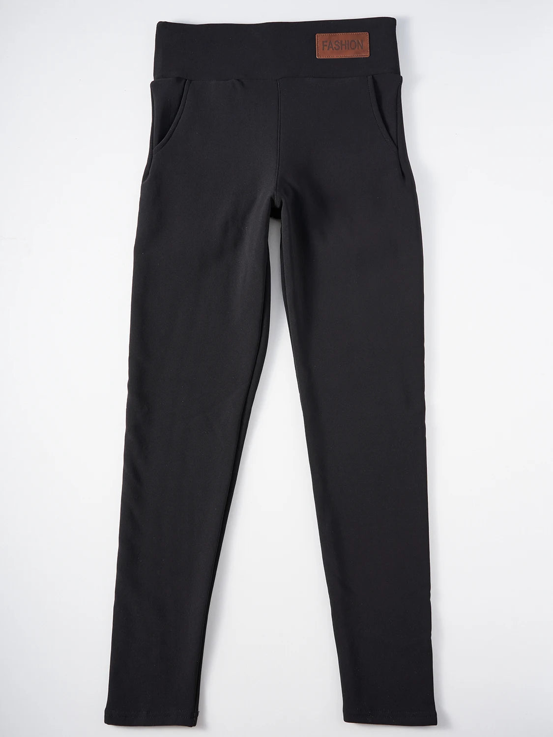1PC Women Autumn Winter Velvet Thicken Shapewear Pants with "FASHION" Letter Leather Label and Pockets High Waist Warm Leggings