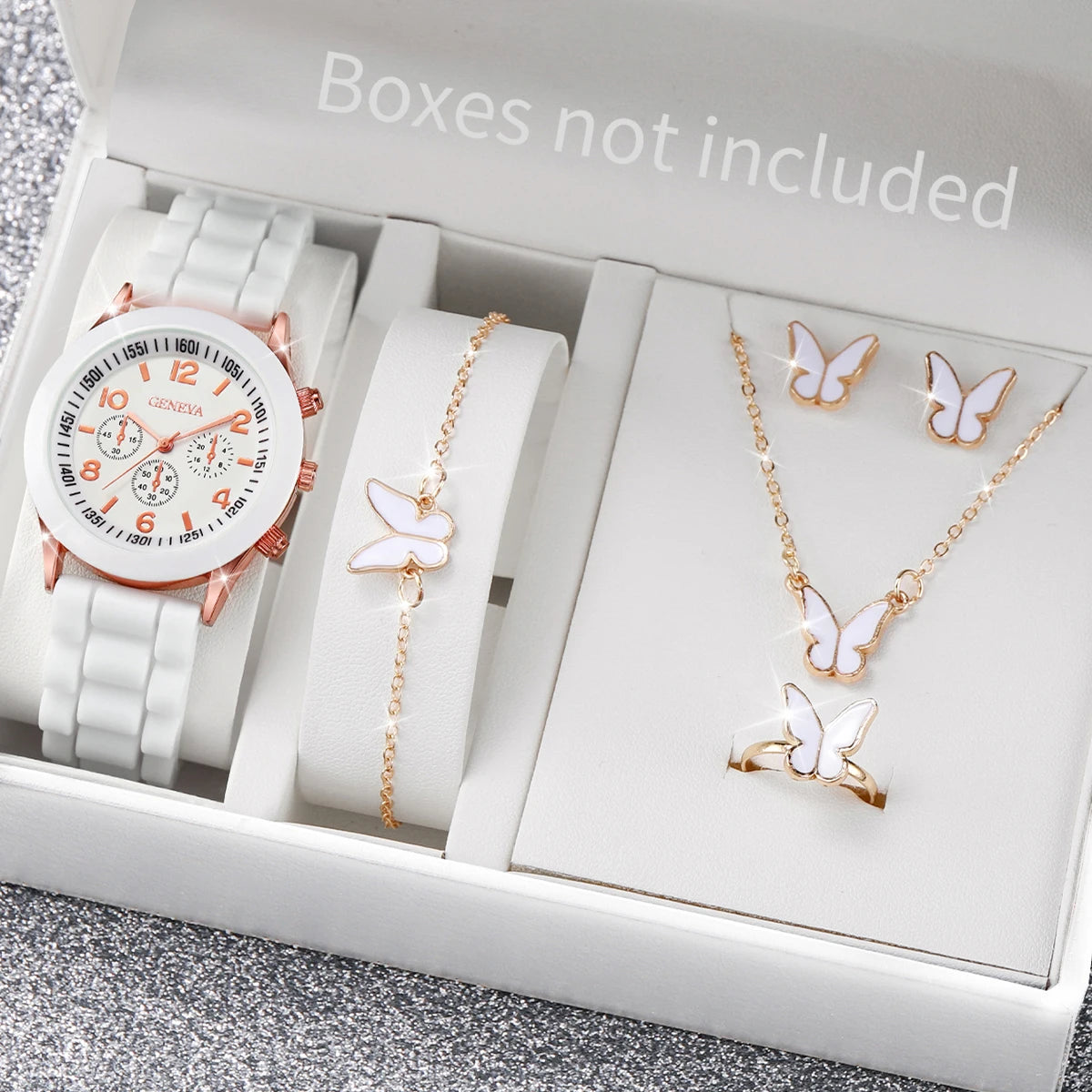 5/6PCS Women's Watch Casual Silicone Band Quartz Watches Butterfly Jewelry Set(Without Box)