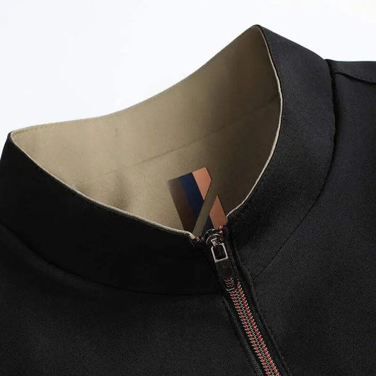 A stylish, cool and versatile solid color casual and trendy business jacket with a stand-up collar for senior dads