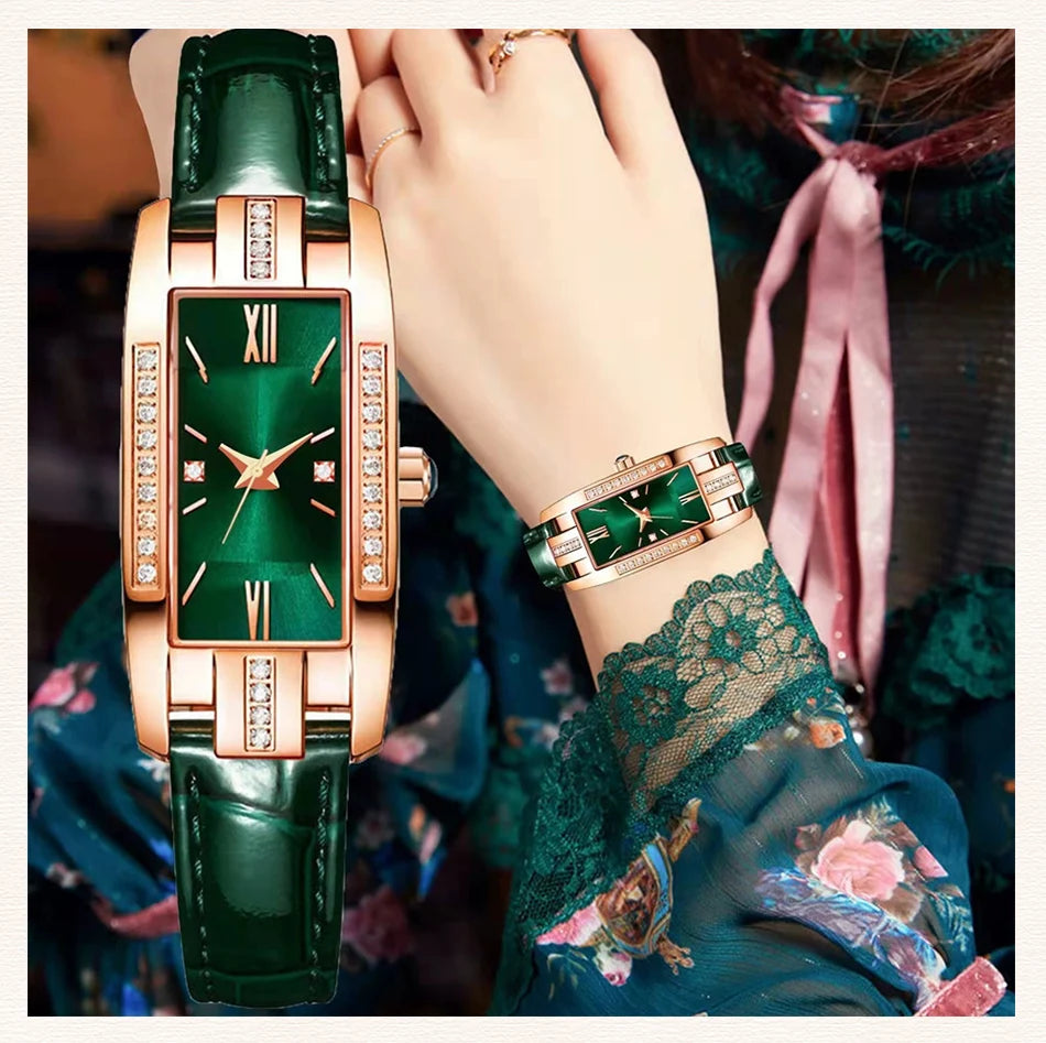 Womens Watches Fashion Square Ladies Quartz Watch Bracelet Set Green Dial Simple Leather Luxury Women Watches